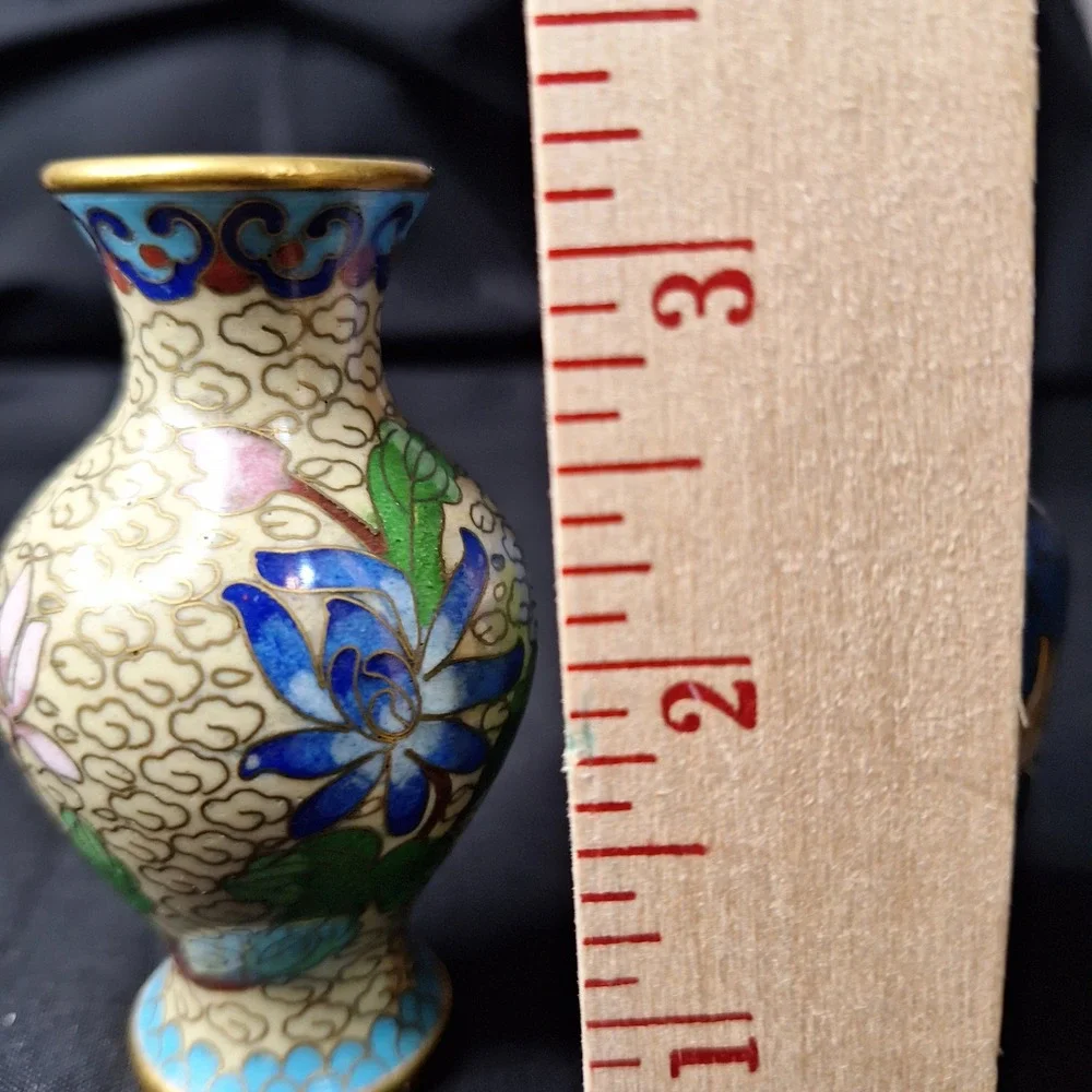 Vintage Pair of‎ Chinese Cloisonne Enamel Miniature Floral Vases Blue & Cream